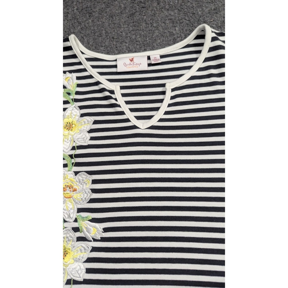 Quaker Factory Shirt Womens 2X Black White Stripe Coastal Granny Cottagecore - Picture 6 of 16